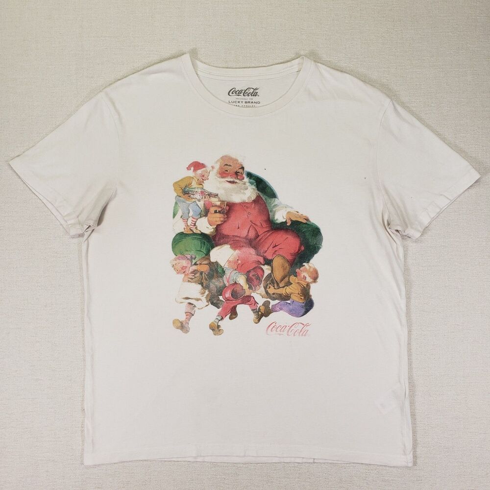Lucky Brand Coca-Cola Santa Claus T Shirt Mens Large Cream Retro Elves Christmas